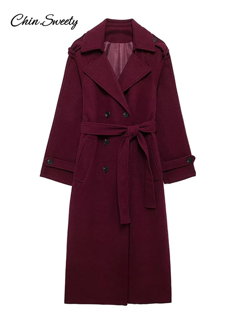 Fashion Burgundy Red Double Breasted Overcoat Women Lace Up Loose Lapel Pockets Long Sleeve Coat  New High Street Outerwear
