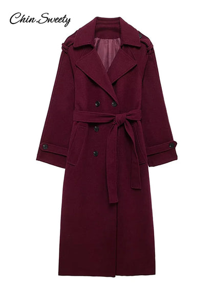 Fashion Burgundy Red Double Breasted Overcoat Women Lace Up Loose Lapel Pockets Long Sleeve Coat  New High Street Outerwear