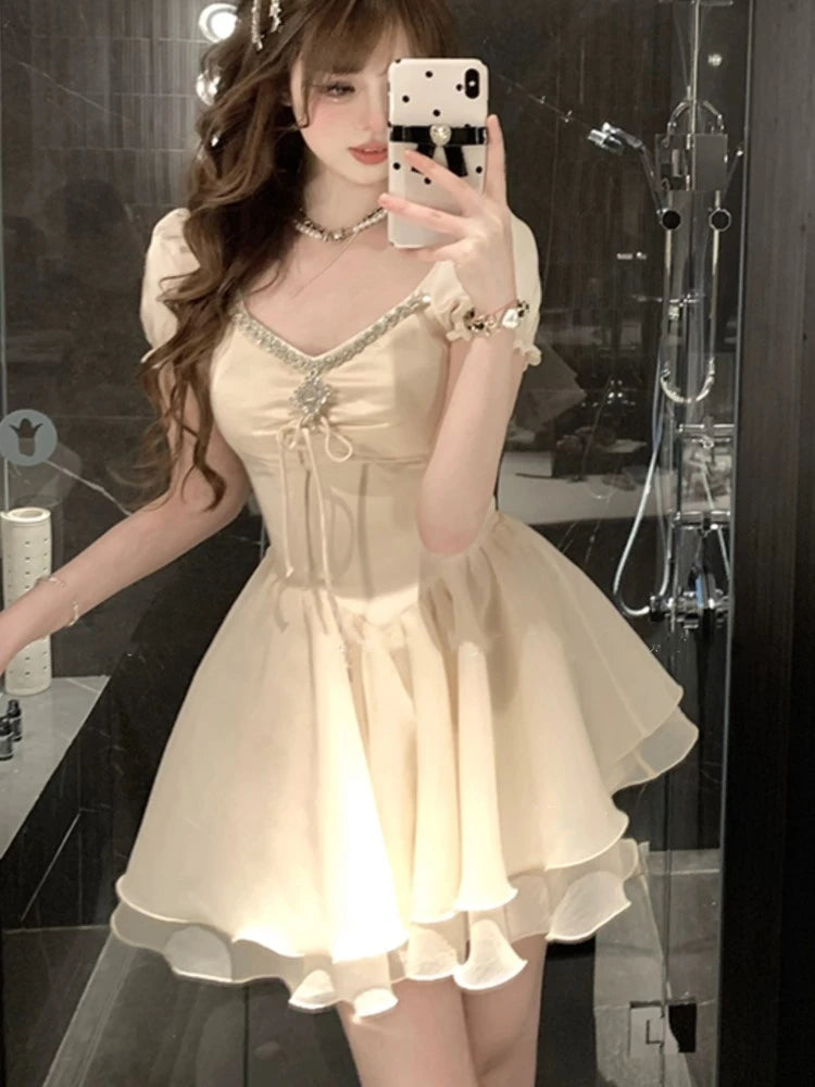 Elegant Vintage Princess Birthday Party Mini Dresses for Women Diamons Ball Gown A-line Korean Luxury One Piece Vestido Mujer