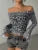 Leopard Printed Mesh T-shirt Top For Women Off-Shoulder Long Sleeve Cropped Y2k Top Pullover Contrast Female Slim Tee