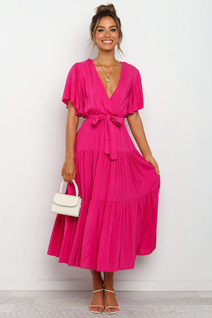 Trendy Solid Color Ruffles Long Dresses Women Sexy V-neck Ruffle Sleeves Leace-up Temperament Elegant Lady Dress 2025 Summer New