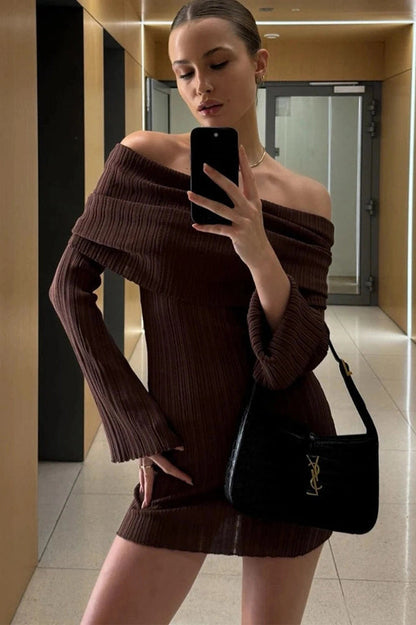 Off-Shoulder Backless Long Sleeve Mini Dress