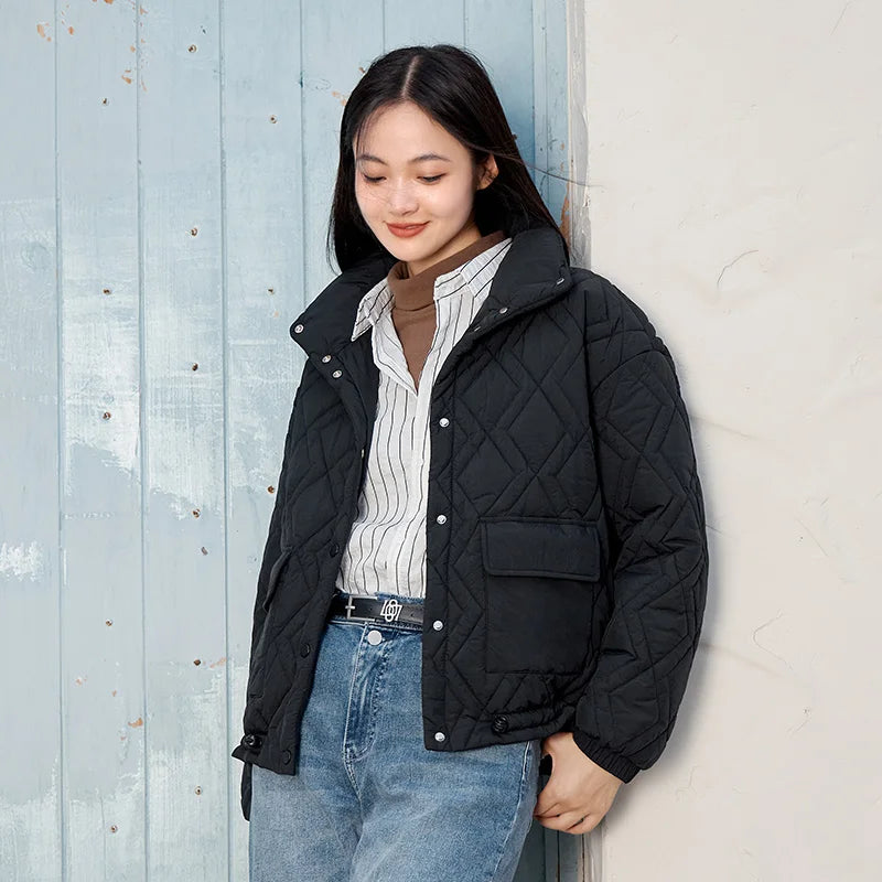 Cotton Clothing Women Stand Collar Loose  New Winter Texture Rhombus Cotton Coat Fashion Casual