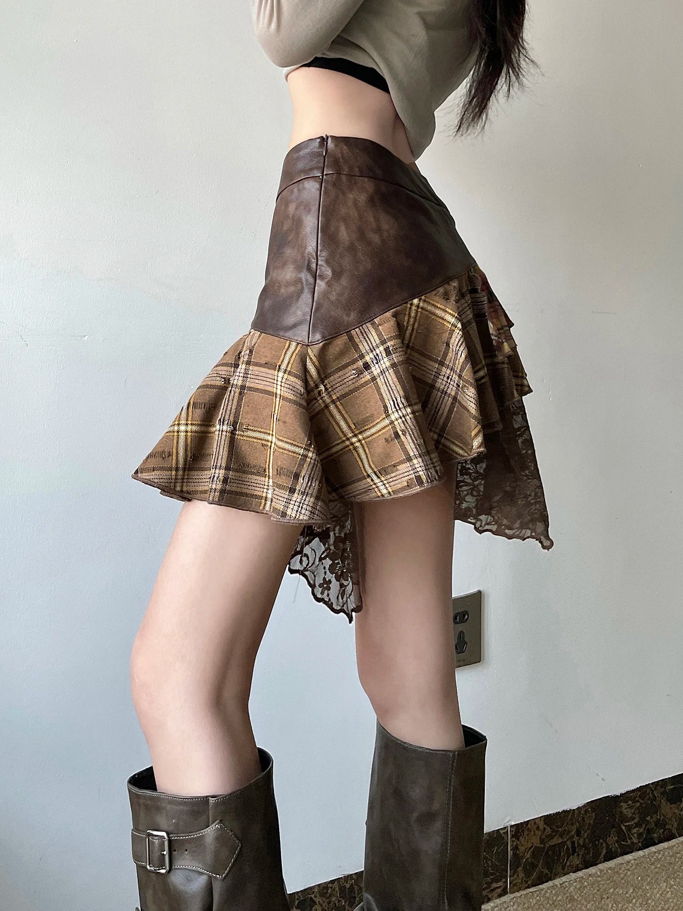 American Retro Asymmetrical Women¡¯s Mini Skirts Lace Stripes Plaid Leather Irregular Fashion Chic Design Short Dresses