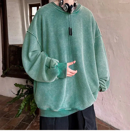American Washed Old Pullovers Sweatshirts Loose Solid Color Large Size Warm O Neck Tops Hip Hop Y2k Sweatshirt