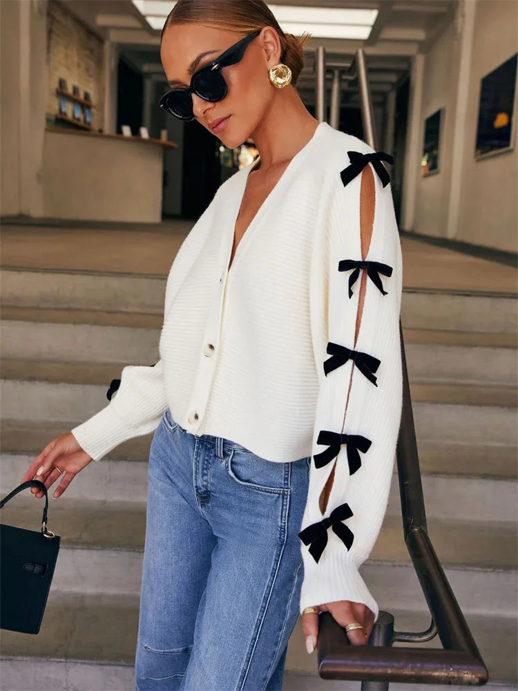 Tee Bow Knit Cardigan Sweater Women V-Neck Ribbed Hollow Out Casual Contrast Lace-Up Knitwear Coat Female Elegant Outwear