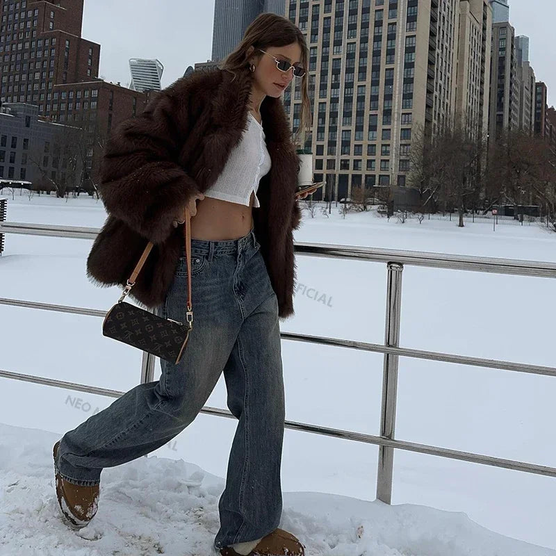 Winter Faux Fur Coat Women Brand Fashion Fluffy Fox Fur Outerwear Overcoat Girl Street Style Furry Warm Jacket