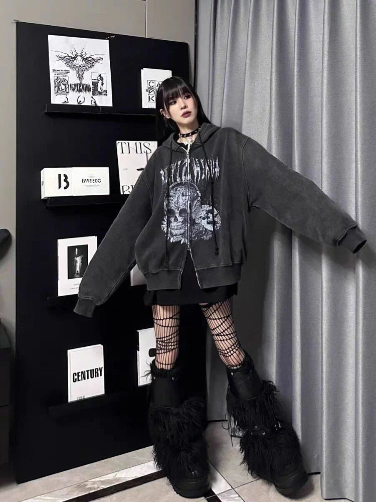 Distressed Skull Print Coat