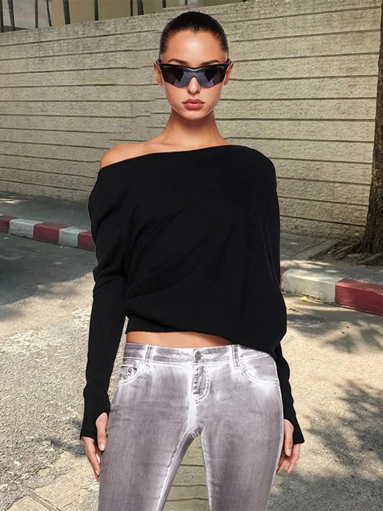 White Off-shoulder T-shirt Pollover For Women Loose Casual Short Top Party Club T-shirt Hot Girl Autumn New Long Sleeve
