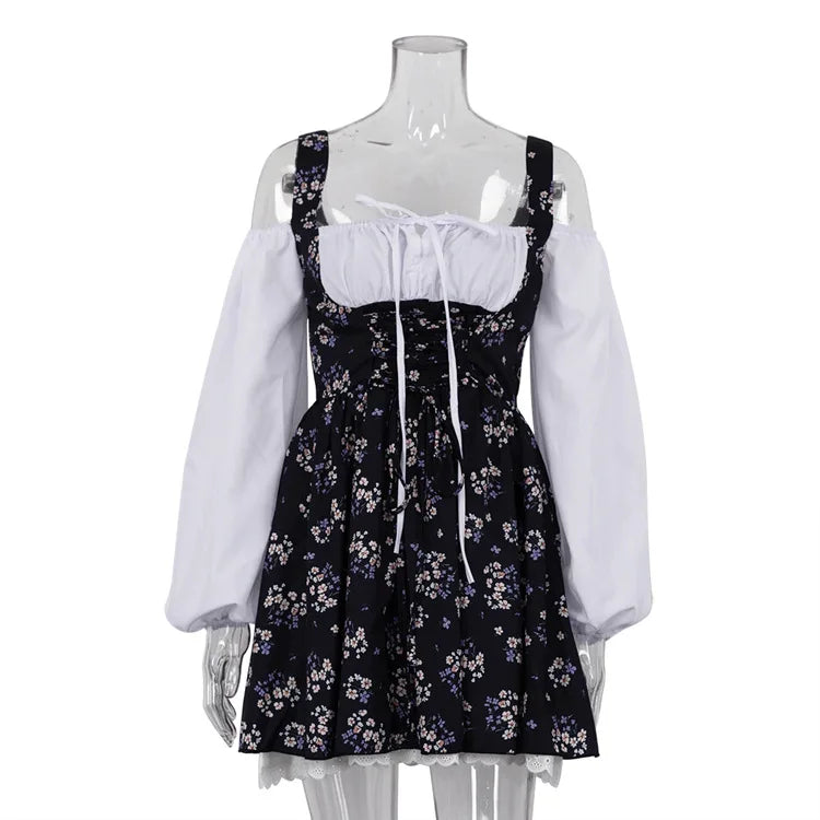 New Puff Sleeve Patchwork Print Dresses Sexy Spaghetti Strap Lace Up Short Bubble Dresses Women Summer Party Vacation Dress