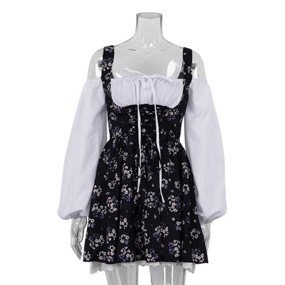 New Puff Sleeve Patchwork Print Dresses Sexy Spaghetti Strap Lace Up Short Bubble Dresses Women Summer Party Vacation Dress
