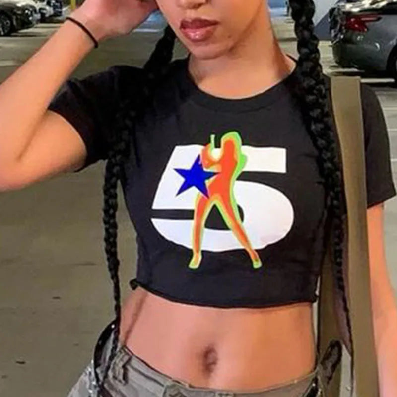 Y2K Summer Digital Printed Women’s Top Street Trend Slim Fit Open Navel T-shirt for Women