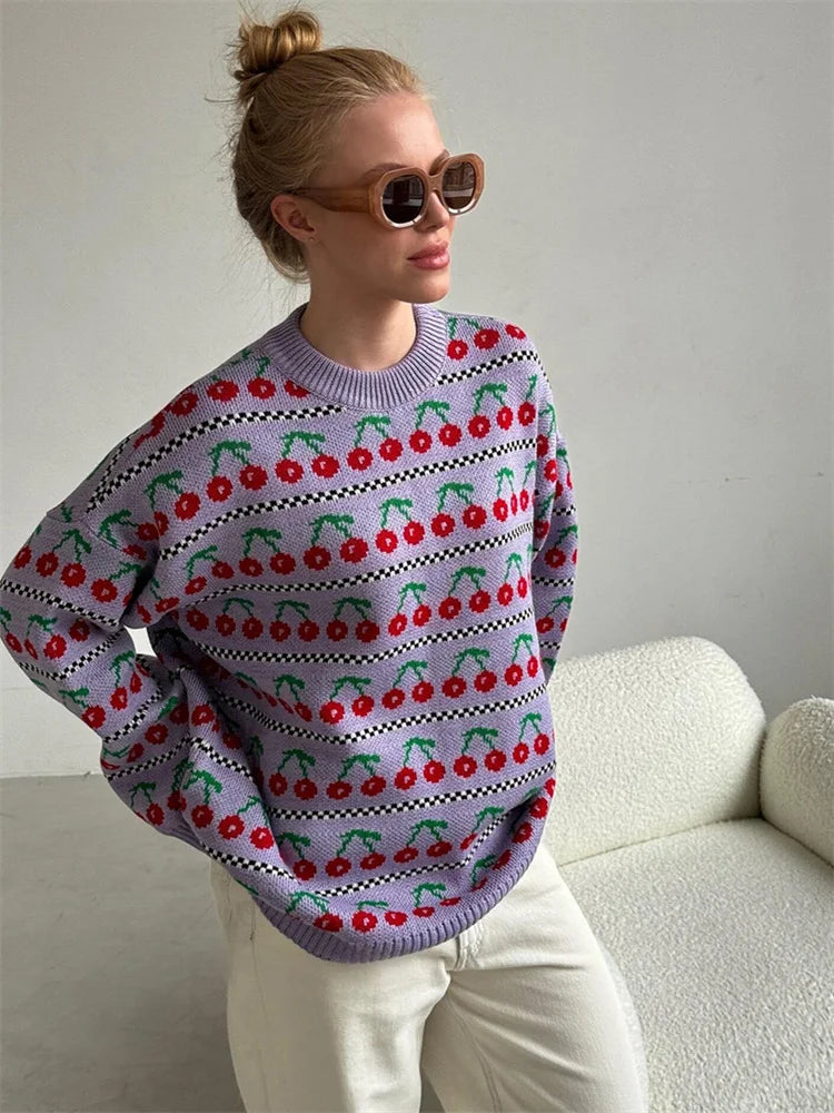 Printed Knit Sweater Pullover For Women Loose Patchwork Contrast Long Sleeve Vintage Fashion Top Knitwear Women’s Pullover