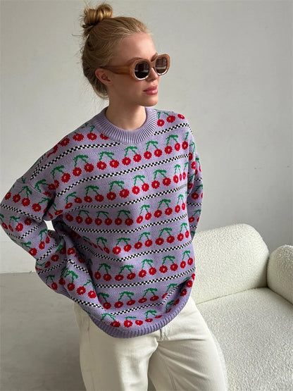Printed Knit Sweater Pullover For Women Loose Patchwork Contrast Long Sleeve Vintage Fashion Top Knitwear Women’s Pullover
