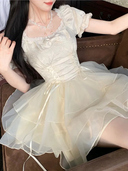 Elegant Mesh Layered Ruffles A-line Short Dresses for Women Square Collar Princess Birthday Party Dress Gown One Piece Vestido