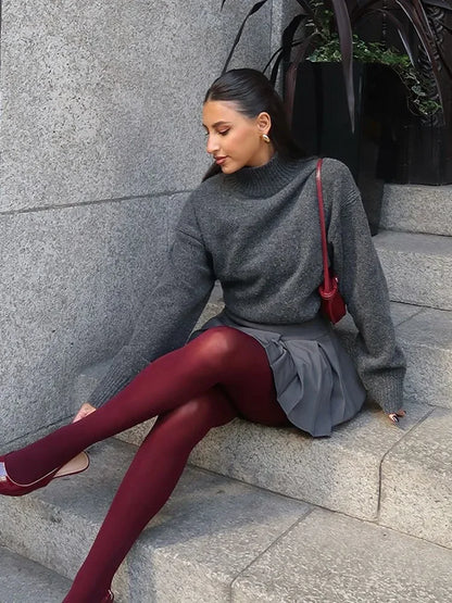 Autumn New Women Winter Solid Loose Sweater Casual High Collar Long Sleeves Female Short Pullover Lady High Street Knitwear