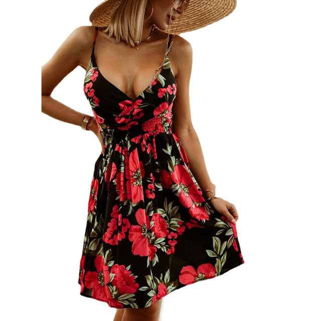 Flower Print Spaghetti Strap Mini Dresses Women Fashion Sexy V-neck Backless Short Dress Trendy Vacation Vestidos Streetwear
