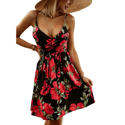 Flower Print Spaghetti Strap Mini Dresses Women Fashion Sexy V-neck Backless Short Dress Trendy Vacation Vestidos Streetwear