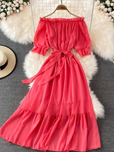 Beach Dress Women Sexy Off The Shoulder Slash Beach Chiffon Dresses Ladies Elegant A Line Bandage Party Dress Long Robe