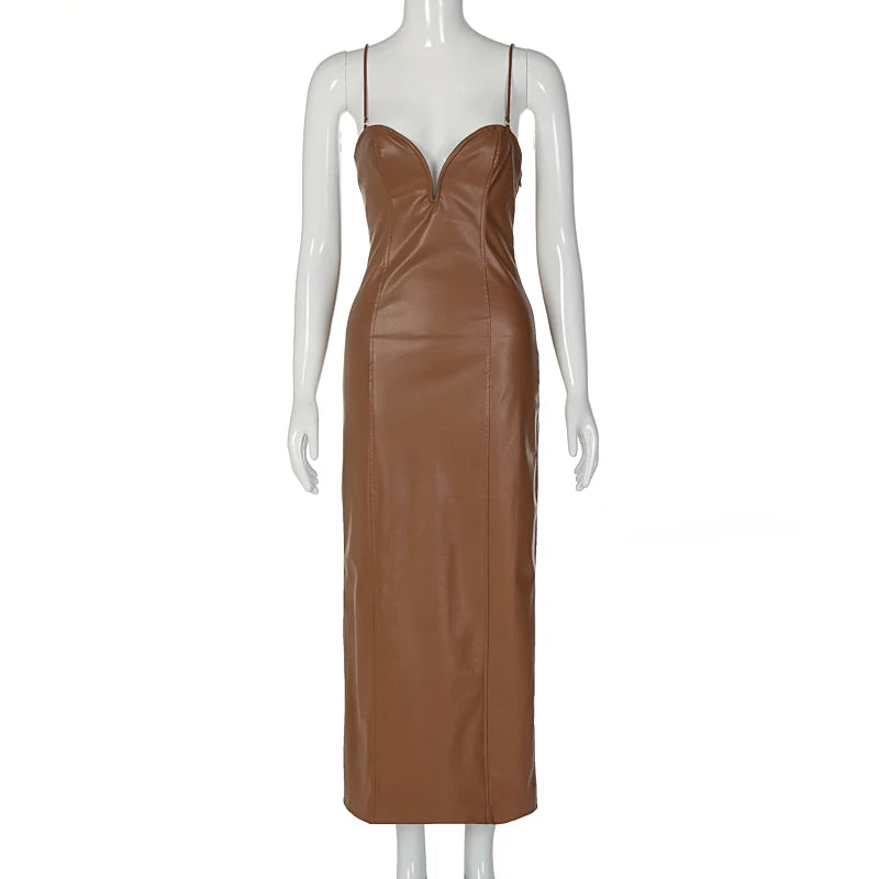 Sling Pu Faux Leather Sexy Slit Fit Long Dress Y2k Streetwear Party Club  Vacation Birthday Summer Women Clothing
