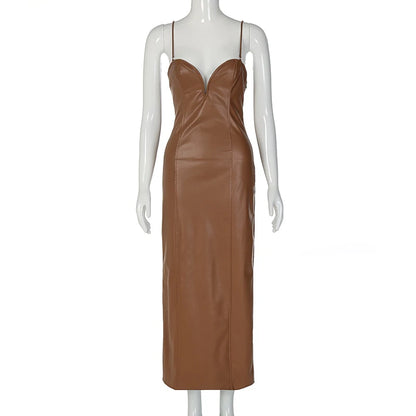Sling Pu Faux Leather Sexy Slit Fit Long Dress Y2k Streetwear Party Club  Vacation Birthday Summer Women Clothing