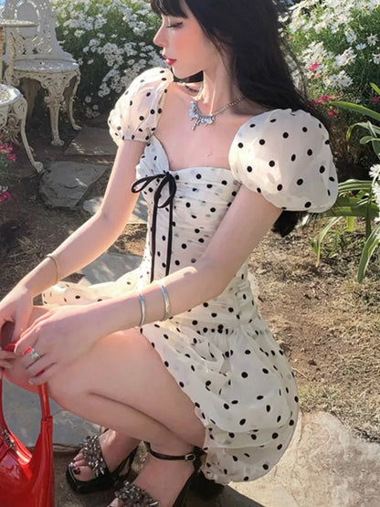 Polka Dot Birthday Party Dress Off Shoulder Puff Sleeve A-line Ball Gown Mini Dresses for Women Korean Fashion One Piece Vestido