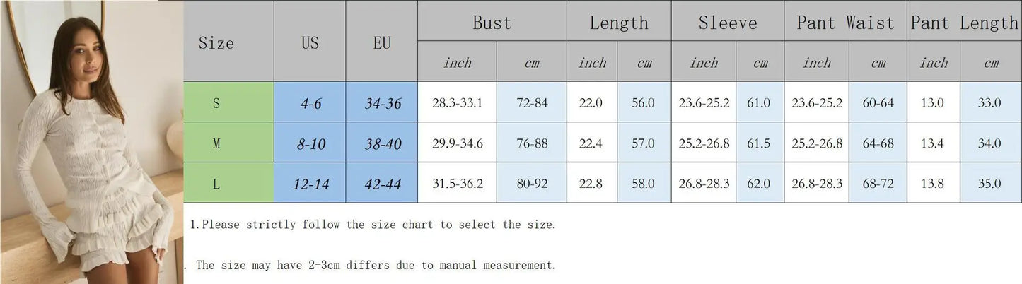 White Ruffles Knit Short Two Piece Sets Spring Summer Long Sleeve Cardigan Short Sets Y2K Fashion Holidays Matching Sets 2025