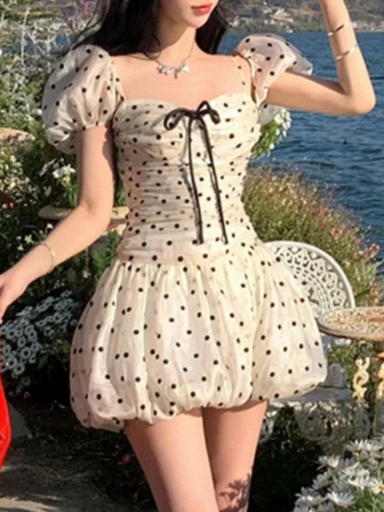 Polka Dot Birthday Party Dress Off Shoulder Puff Sleeve A-line Ball Gown Mini Dresses for Women Korean Fashion One Piece Vestido