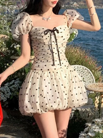 Polka Dot Birthday Party Dress Off Shoulder Puff Sleeve A-line Ball Gown Mini Dresses for Women Korean Fashion One Piece Vestido