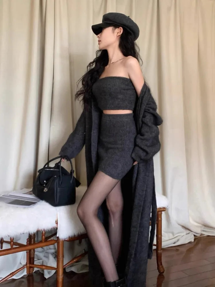 Autumn Winter New Knitted 3-piece Skirt Set Women Solid Long Cardigan Strapless Crop Top Mini Skirt Y2K Korean Chic Knitwear New