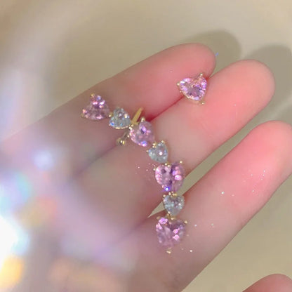 Pink Heart Zircon Ear Clips for Women Asymmetric Fashion Jewelry Gift
