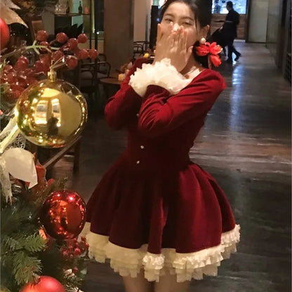Elegant Velvet Lace Ruffles Patchwork Short Dresses for Women Long Sleeve A-line Korean Fashion Christmas Birthday Party Dress