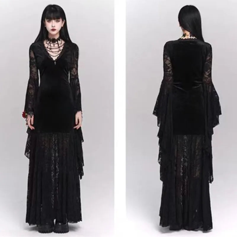 Gothic Black Midi Dresses Women V-neck Irregular Flrae Sleeve Y2k Vintage Lace Bandage Dark Style Harajuku Fashion Clothing New