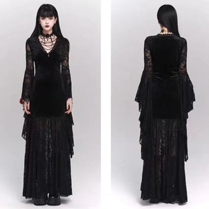 Gothic Black Midi Dresses Women V-neck Irregular Flrae Sleeve Y2k Vintage Lace Bandage Dark Style Harajuku Fashion Clothing New