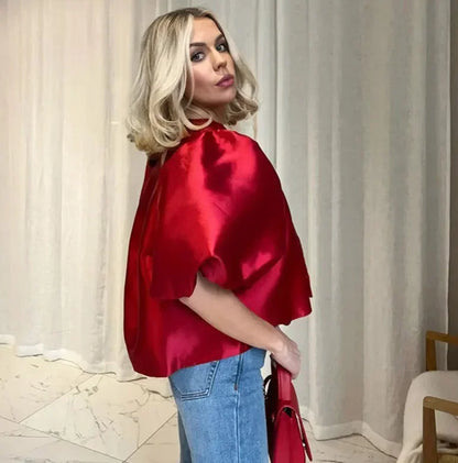 Satin Lantern Sleeve Ruffle Blouse