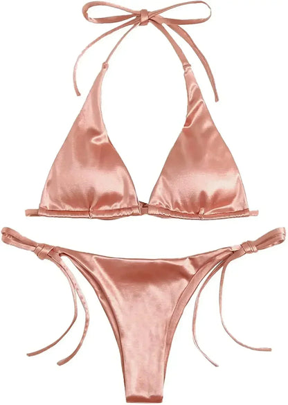 Bikini Satin Silk Swimsuit Women Swimwear Push Up Set Brazilian Bathing Suit Summer Two Pieces Self-tie Beach Wear Swimsuit