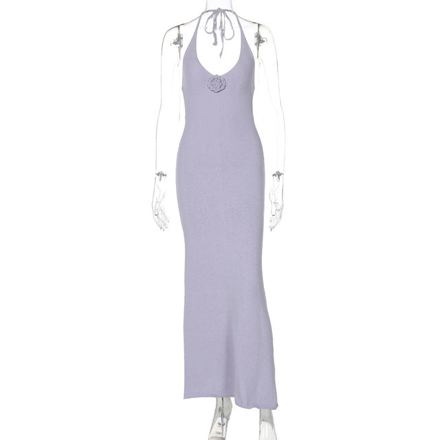 Halter V Neck Floral Sexy Maxi Dress For Women Elegant Spaghetti Strap Sleeveless Backless Bodycon Long Knit Dress