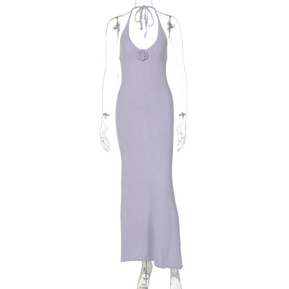 Halter V Neck Floral Sexy Maxi Dress For Women Elegant Spaghetti Strap Sleeveless Backless Bodycon Long Knit Dress