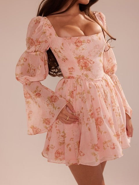 Elegant Horn Long Sleeve Bodycon Printed Short Skirt Female Sexy Square Neck Slim Female Dress Party Club Evening Dress