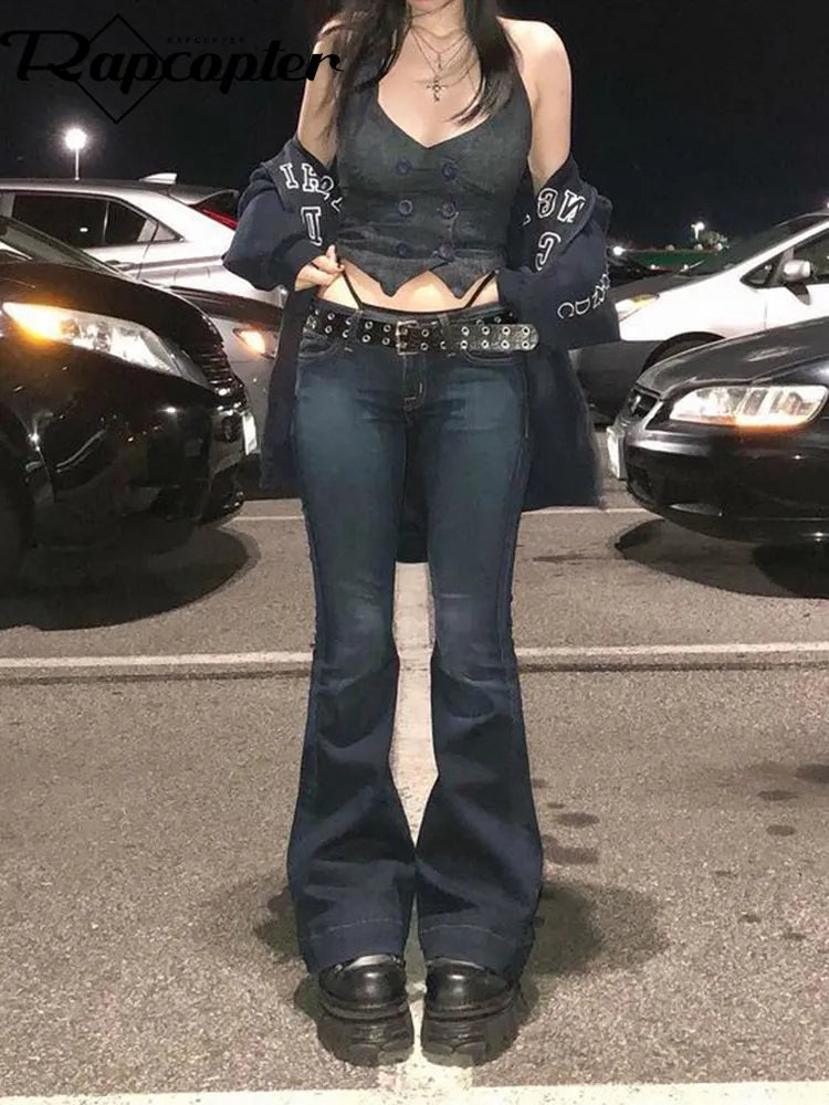 Vaqueros vintage acampanados de tiro bajo con lavado oscuro para mujer | Ideales para el día a día