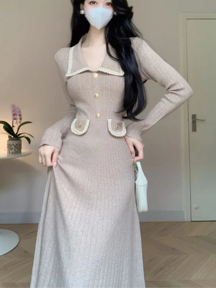 Autumn Winter Knitted Dresses for Women Turn-down Collar Korean Fashion A-line Casual Solid Dress Slim Vestidos Mujer  New