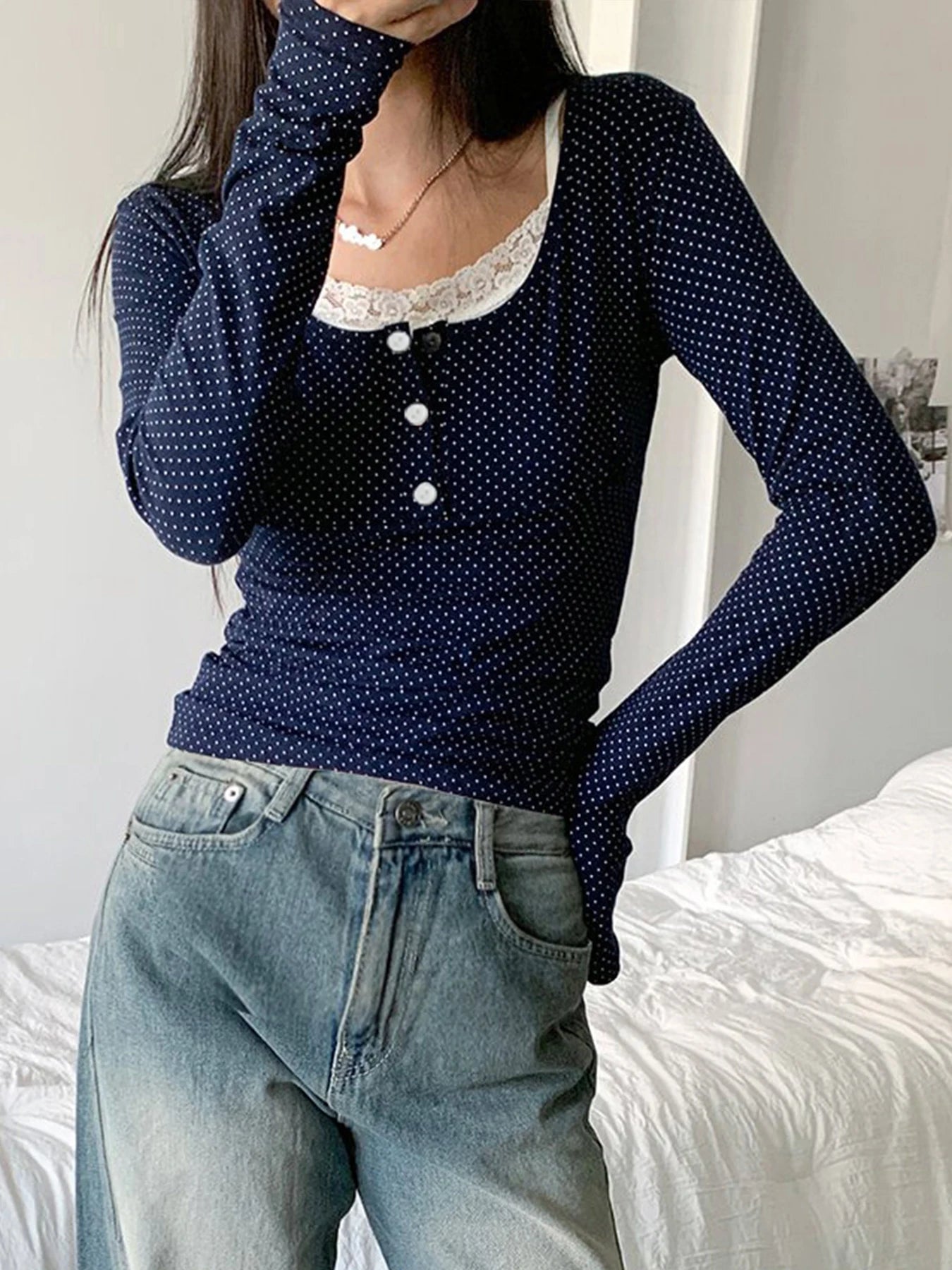 Dot Print Slim Y2K Long Sleeve T-Shirt Women Contrast Lace Patchwork Button Up Square Collar Cute Japanese Kawaii 2000s Tees