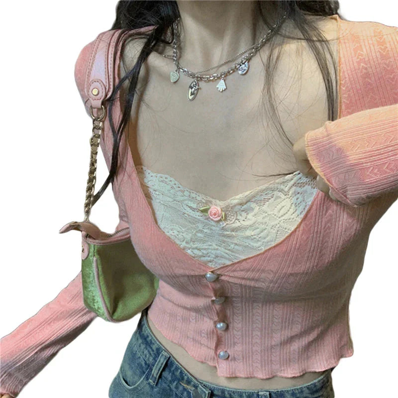 y2k Crop Top Sweet Aesthetic Clothes Lace Patchwork Long Sleeve T Shirt with Bow Decor 2000s Clothing Streetwear