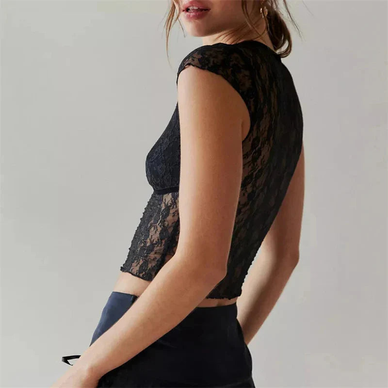 Sheer Crop Top 2000s See Through V Neck Sleeveless Floral Lace Tanks Slim Fit Vest y2k Aesthetic Clothing
