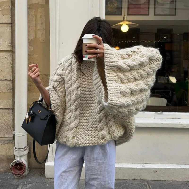 Loose Knitted Women's Sweater High Neck Wide Long Sleeve Female Knitwear Tops 2024 Autumn Winter Fashion Oversized Lady Pullover