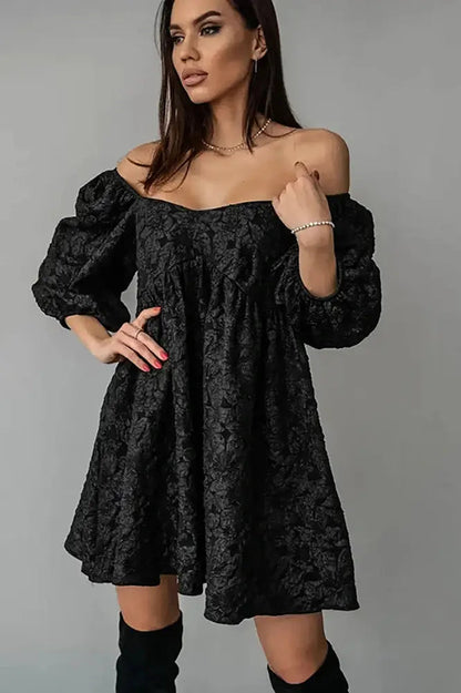 Jacquard V-Neck Mini Dress with Bubble Sleeves
