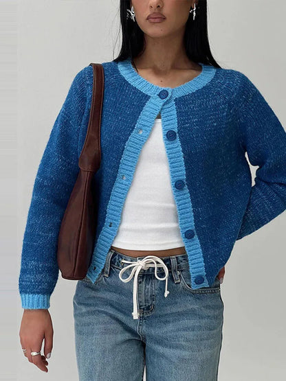 Casual Knitted Single-Breasted Cardigan Women Loose Contrast Color O-neck Pullover Sweaters Female Autumn Chic Street Tops