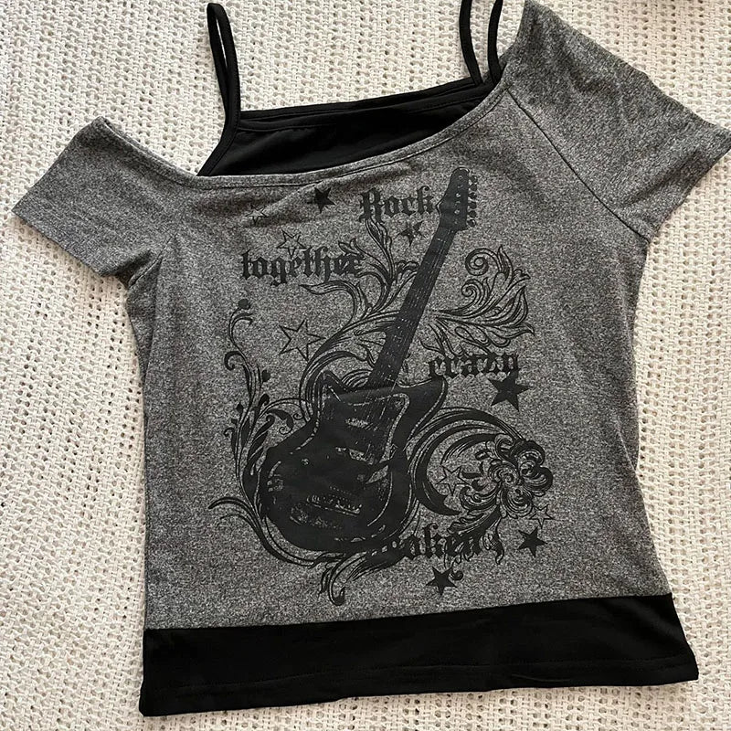 Y2k Slim Fit Print Tops Off Shoulder Short Sleeve Tee Shirt Neploe American Vintage Fake Two Piece Halter Lace Up T-shirts