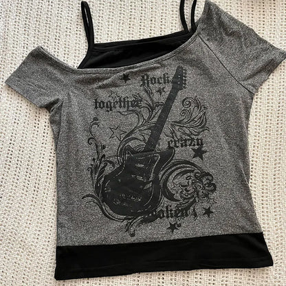 Y2k Slim Fit Print Tops Off Shoulder Short Sleeve Tee Shirt Neploe American Vintage Fake Two Piece Halter Lace Up T-shirts