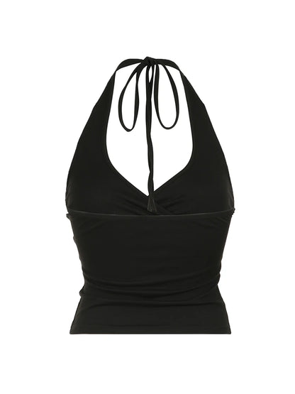 Cross Tie Halter V Neck Crop Top Women Solid Basic Casual Slim Backless Sexy Tank Vest
